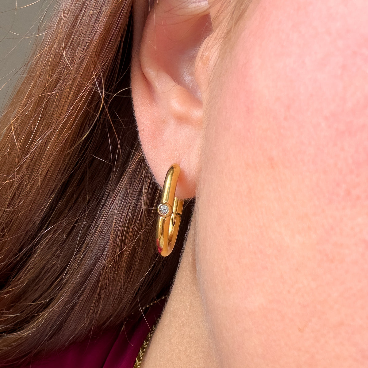 Golden Steel Thick Single Zircon Oval Hoops
