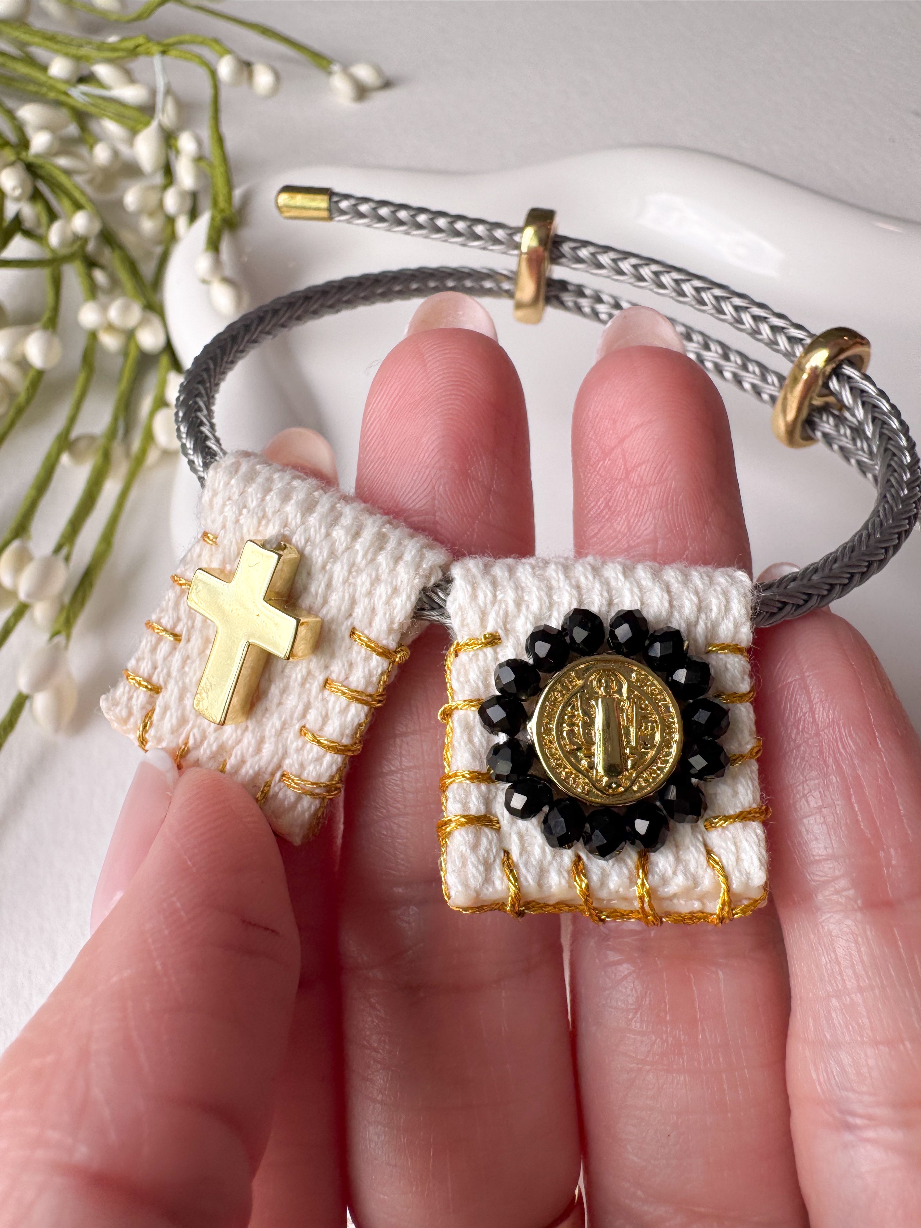 Black Crystals St. Benedict Scapular Adjustable Bracelet