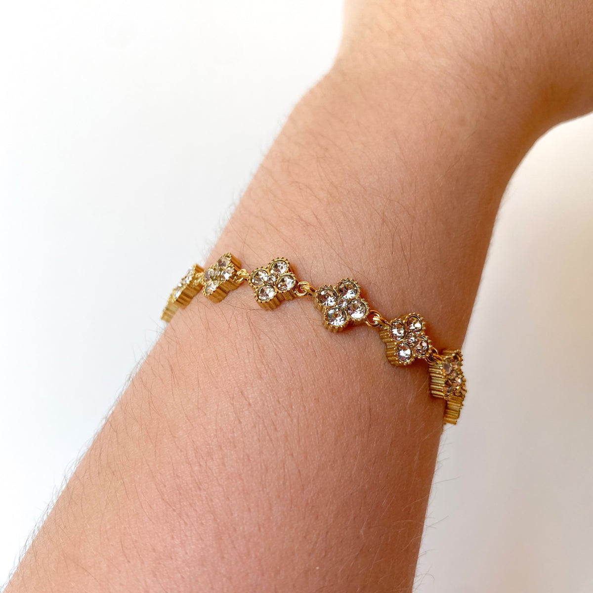 Shiny Zircon Clear Clovers Steel Bracelet