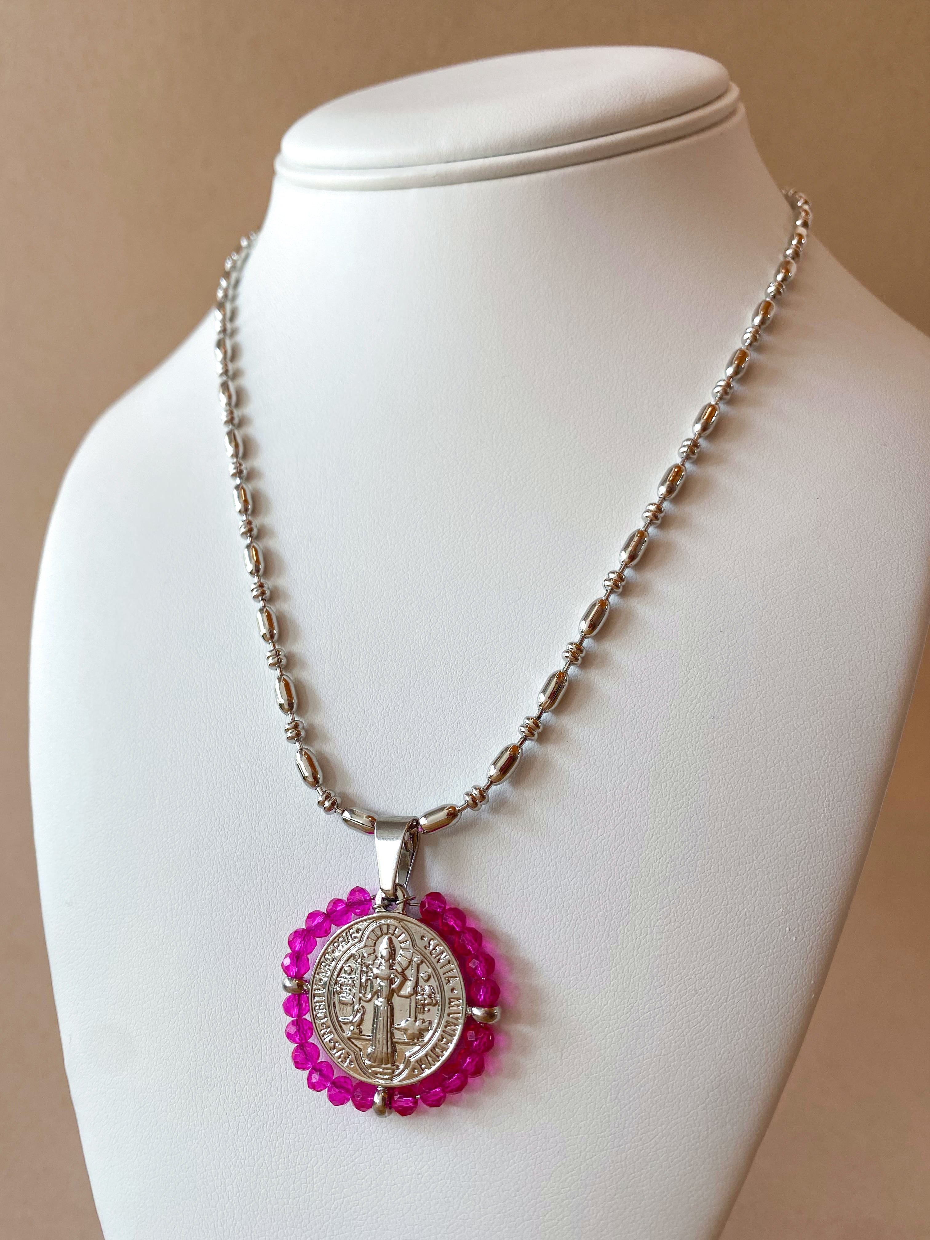 Silver St. Benedict Crystal Medal Necklaces