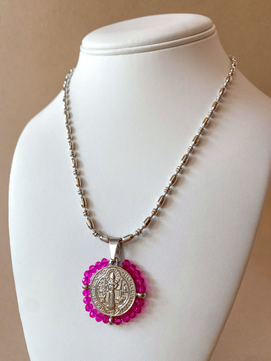 Silver St. Benedict Crystal Medal Necklaces