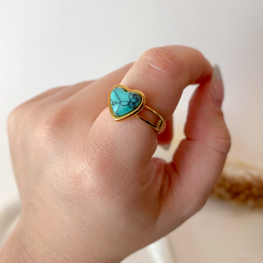 Turquoise Heart Golden Steel Adjustable Ring