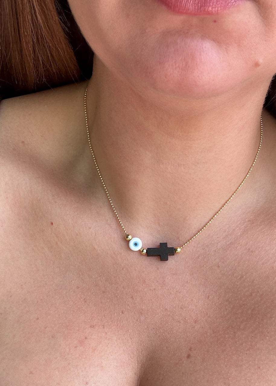 Evil Eye and Cross Azabache Adjustable Necklace