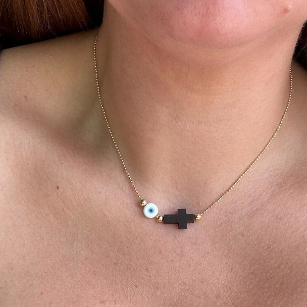 Evil Eye and Cross Azabache Adjustable Necklace