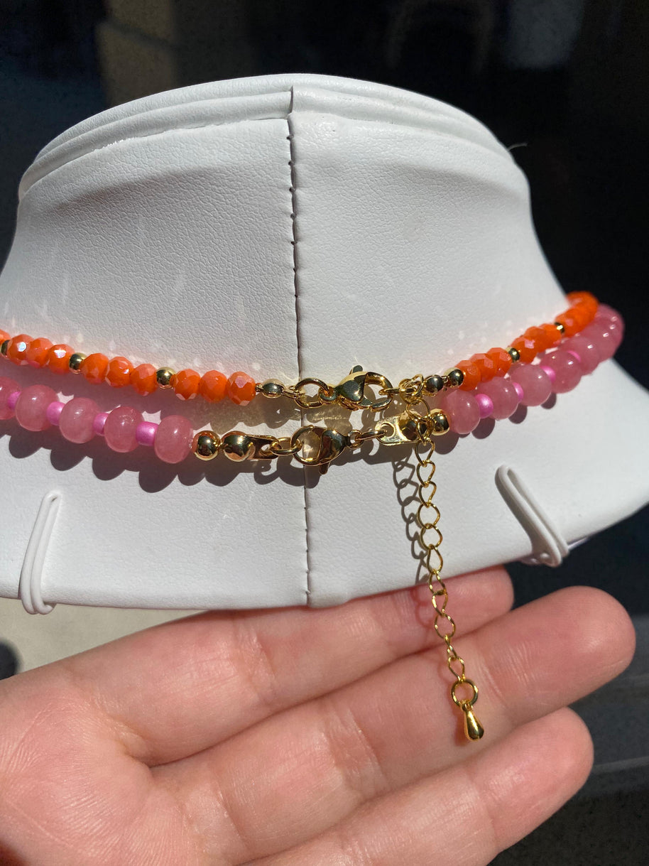Pink Big Heart & Orange Crystal Necklace