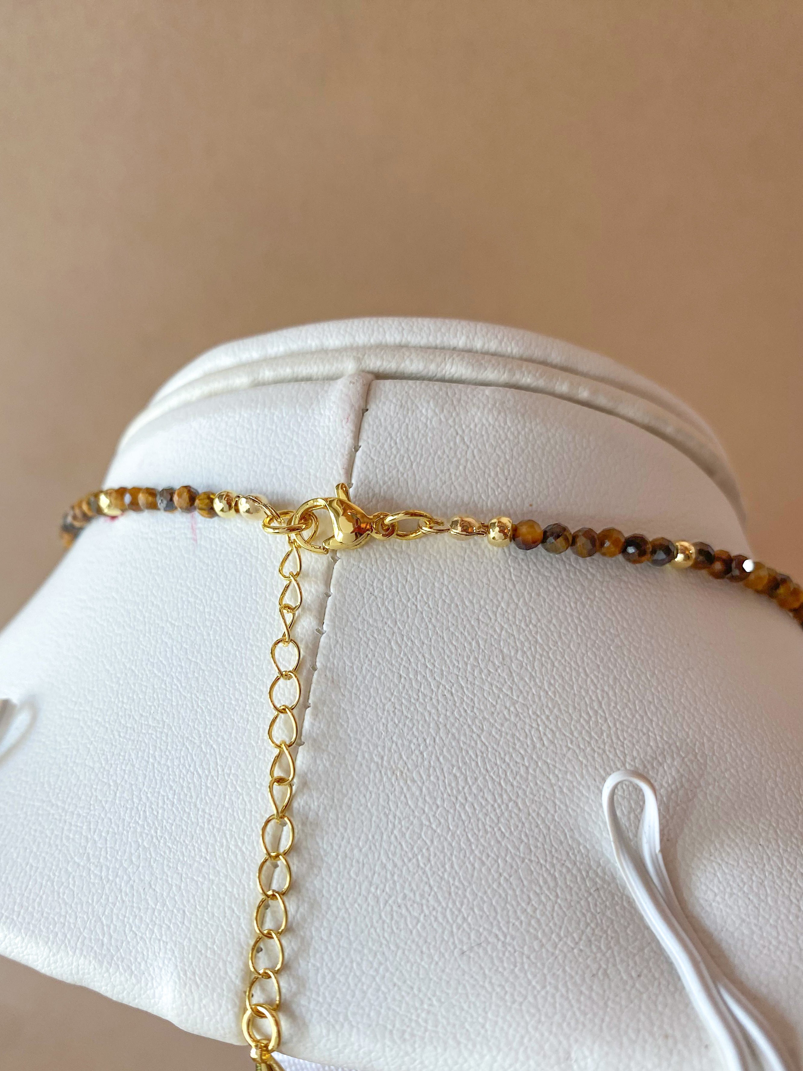 Pink Quartz Style Circular Charms in Tiger Eye Necklace