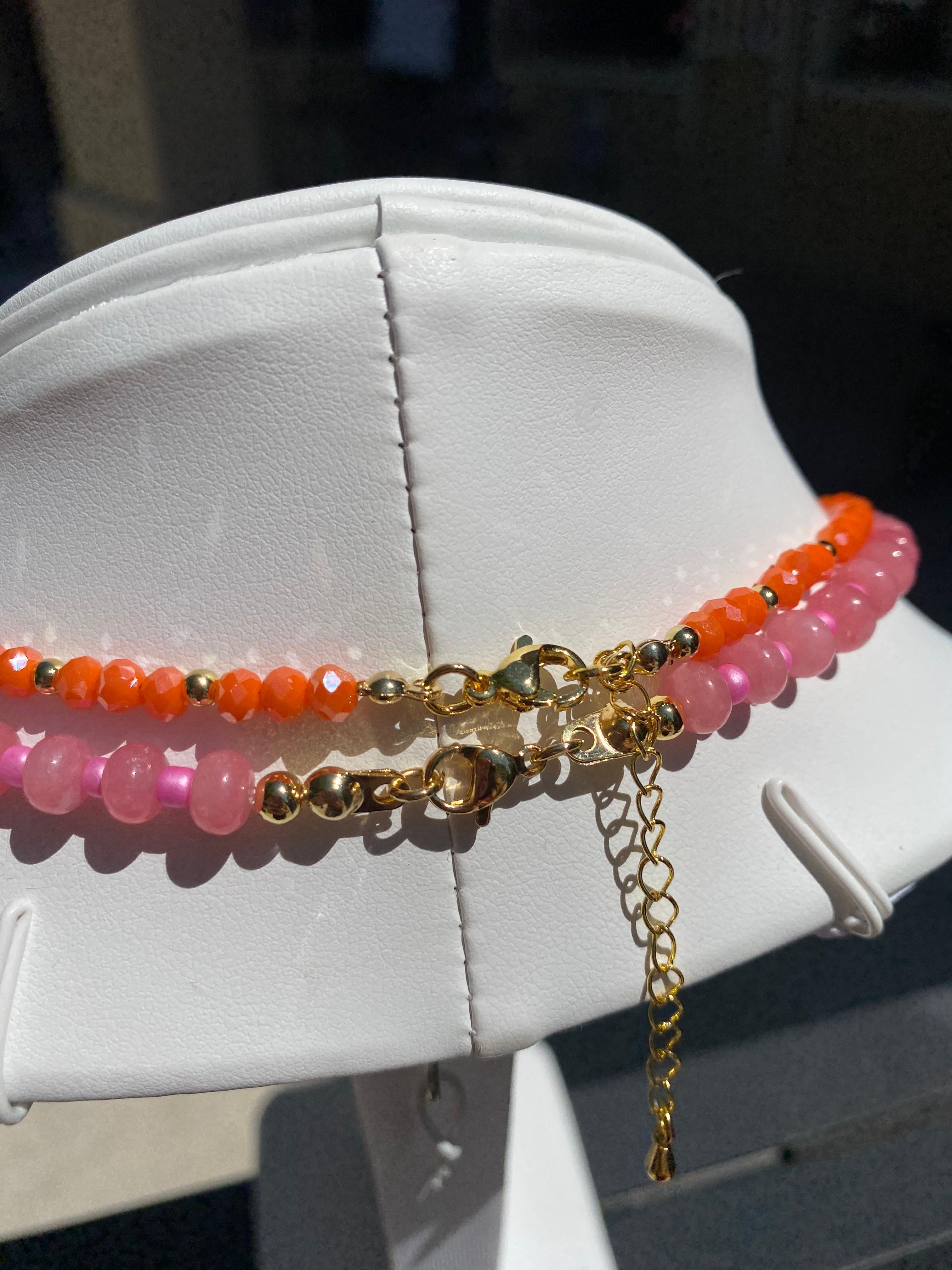 Pink Big Heart & Orange Crystal Necklace