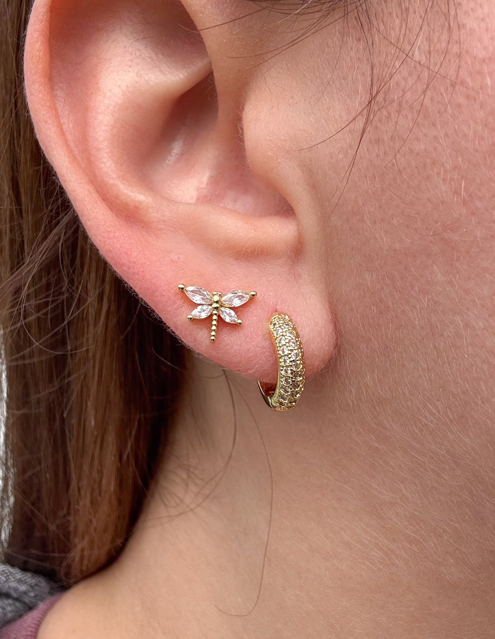 Dragonfly Earrings / Mini Crystal Gold Hoops