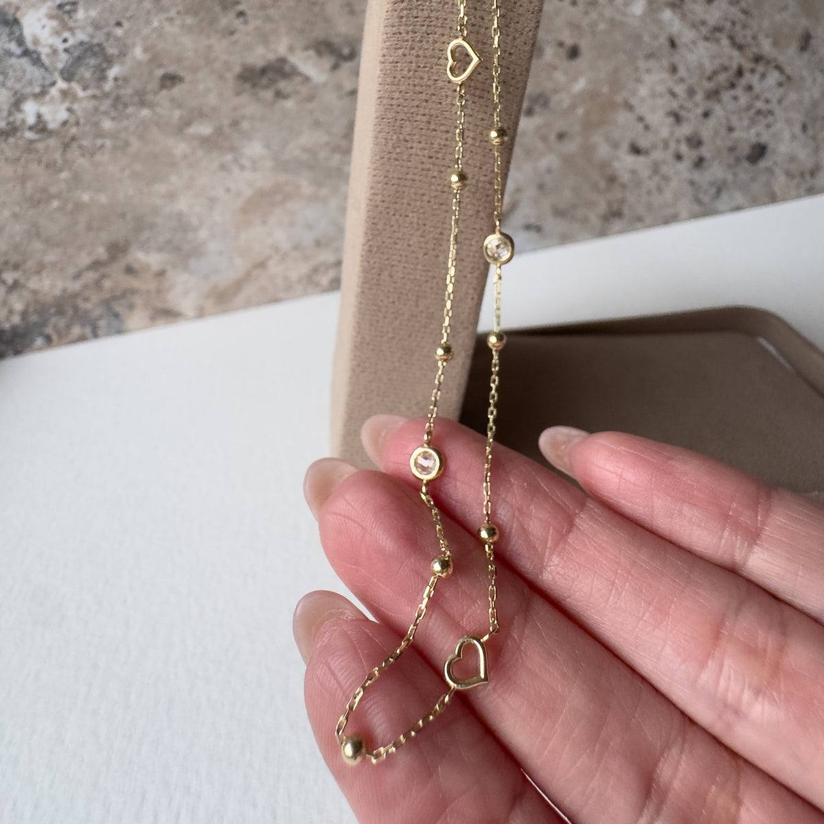Hearts and Crystals 14k Solid Gold Necklace