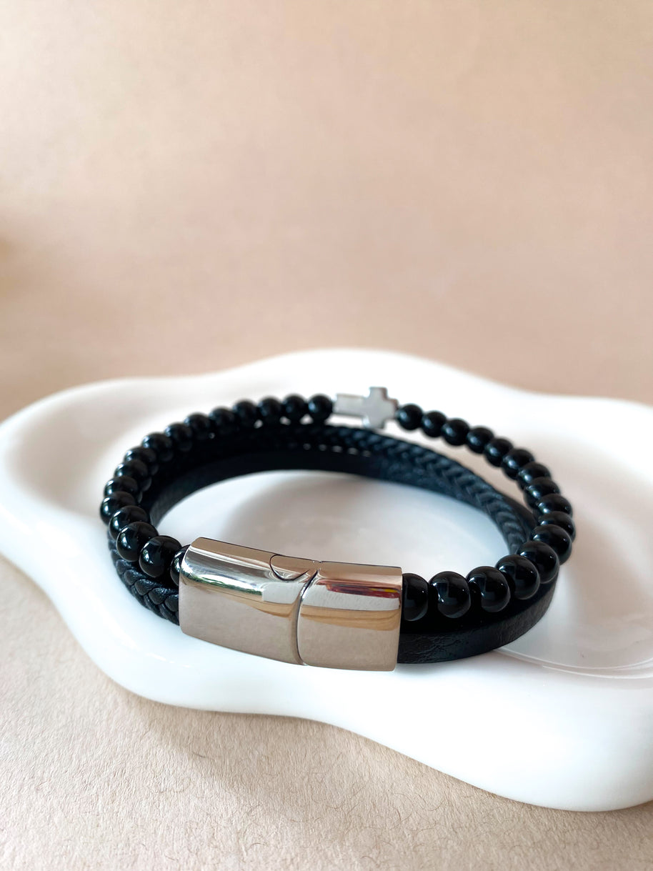 3 Layers Black Leather and Silver Cross Men Steel Bracelet