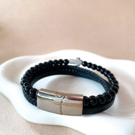 3 Layers Black Leather and Silver Cross Men Steel Bracelet