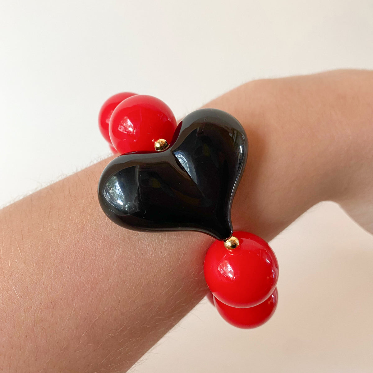 Acrylic Red Gumball Bead with Black Heart Bracelet