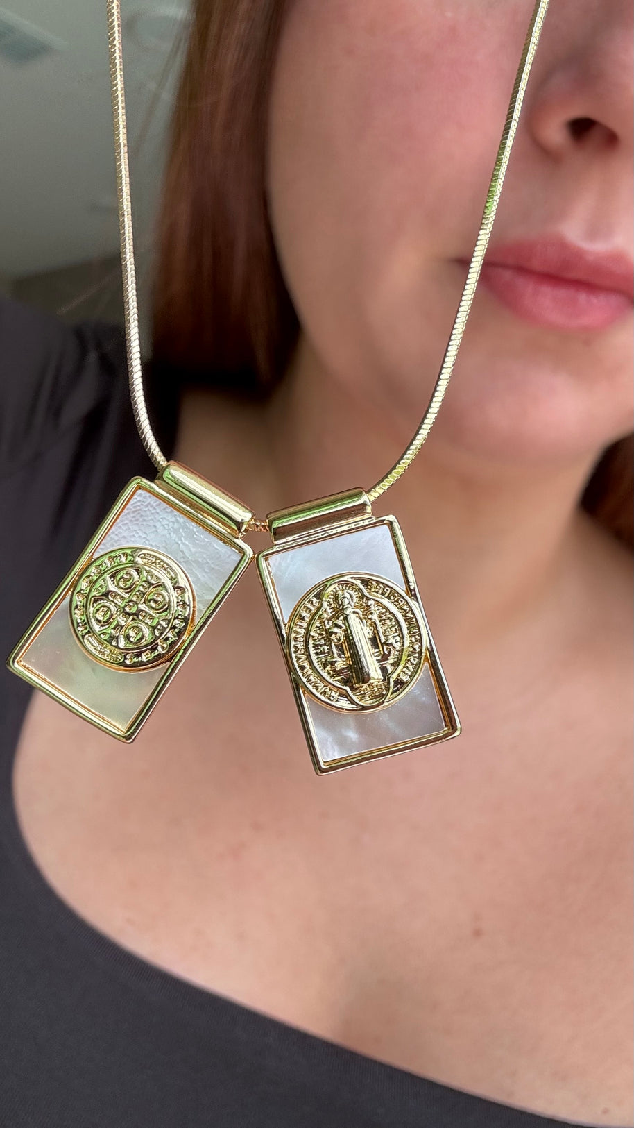 St Benedict Medal Scapular Mother of Pearl Adjustable Necklace