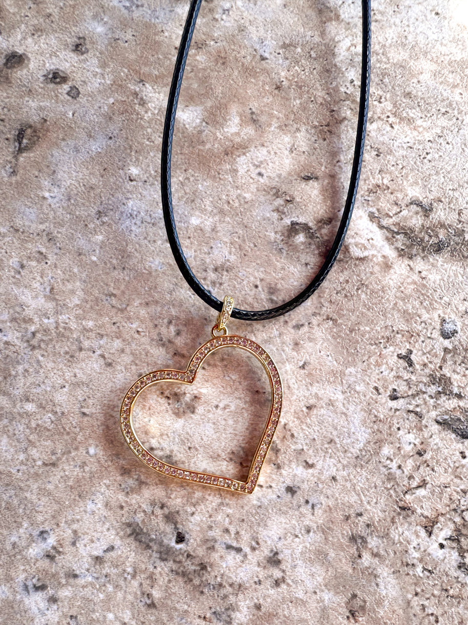 Shiny Hearts Black Leather Necklace