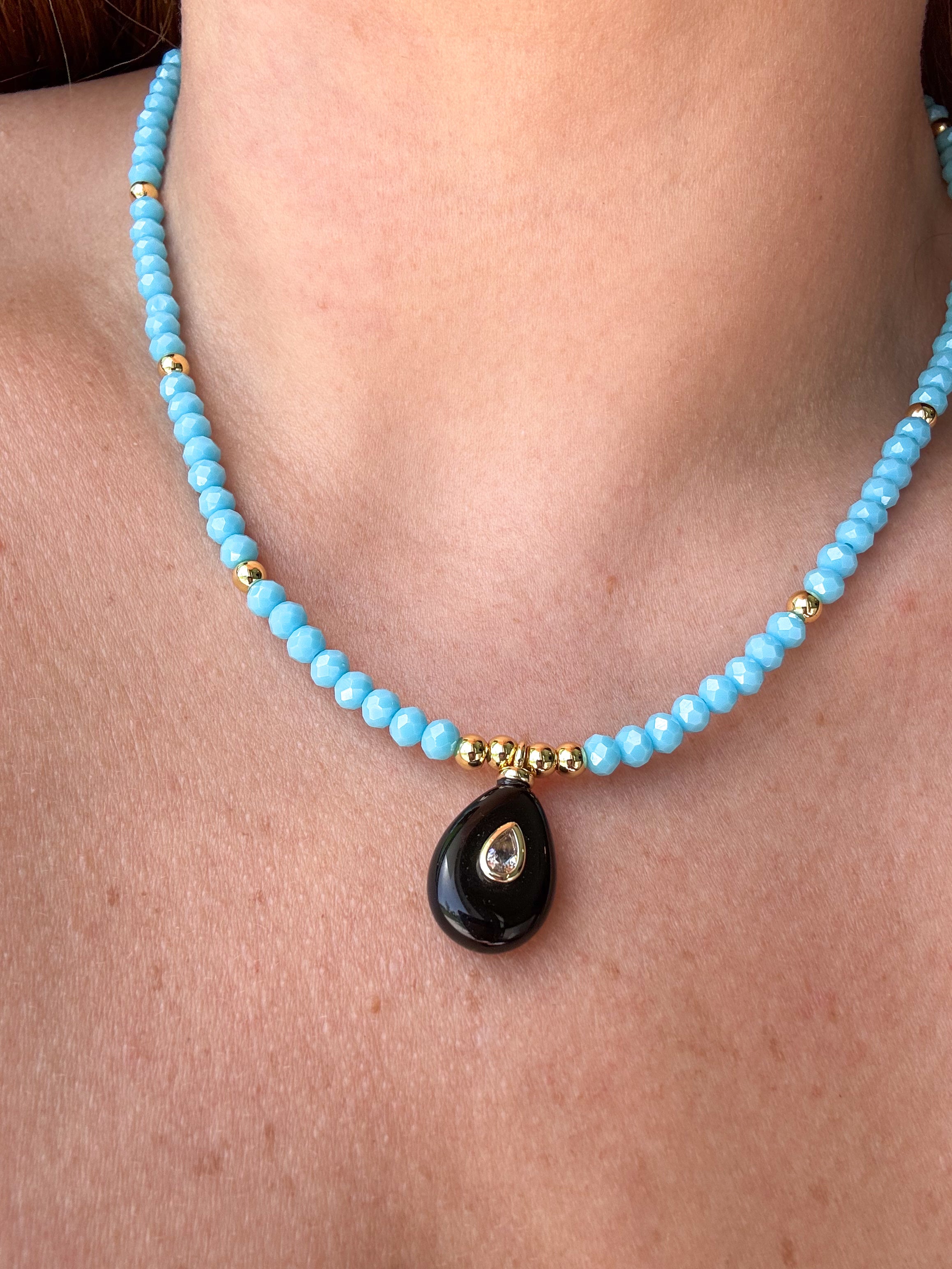 Black Onyx Oval Blue Beads Necklace