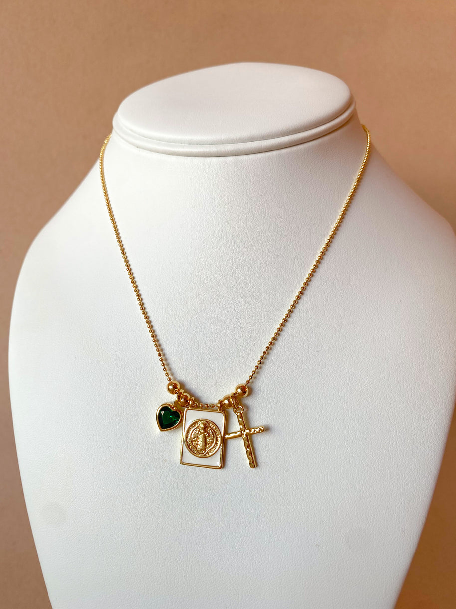St Benedict Green Heart and Cross Adjustable Scapular Necklace
