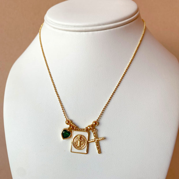 St Benedict Green Heart and Cross Adjustable Scapular Necklace