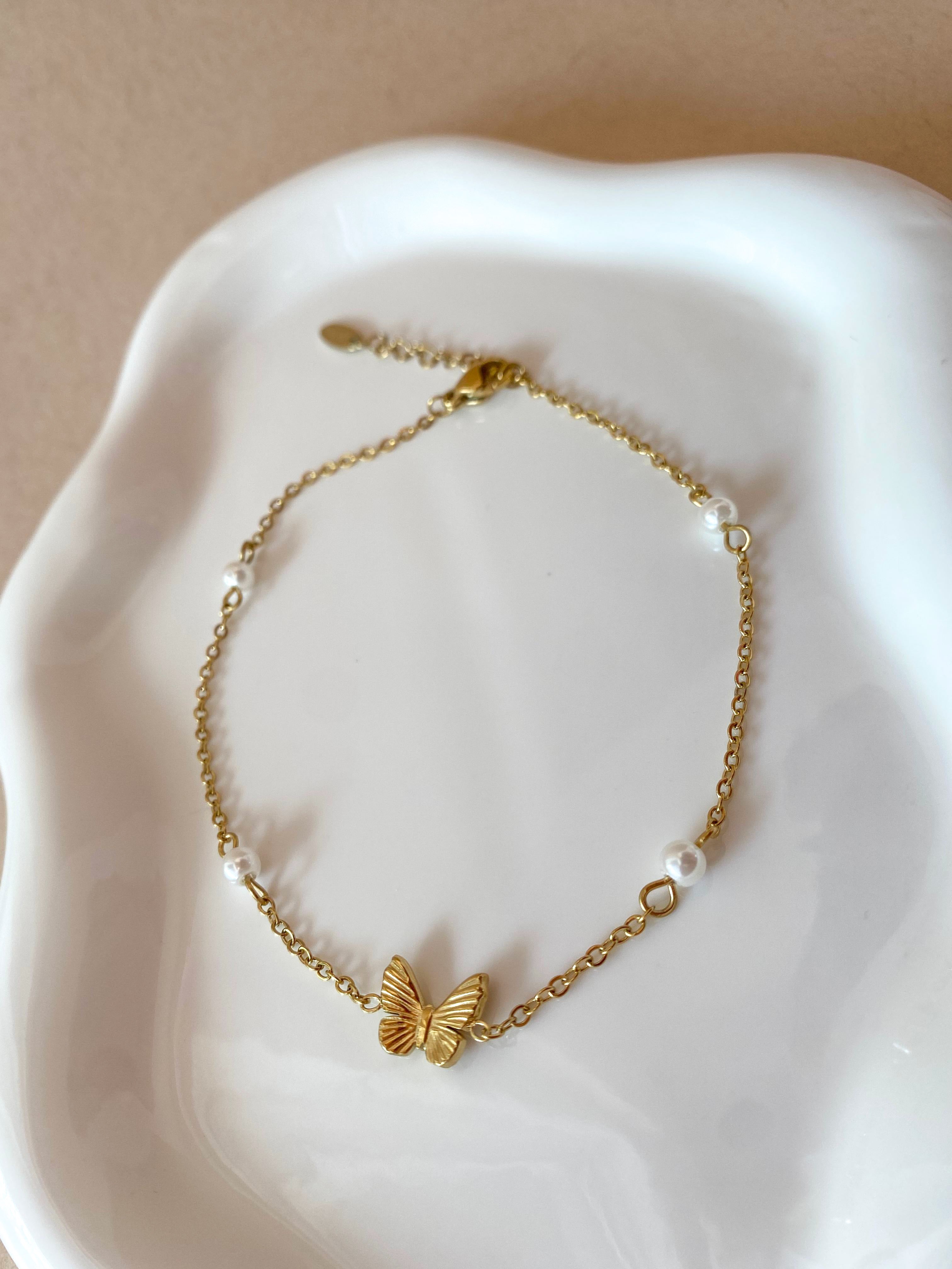 Butterfly and Pearls Steel Anklet