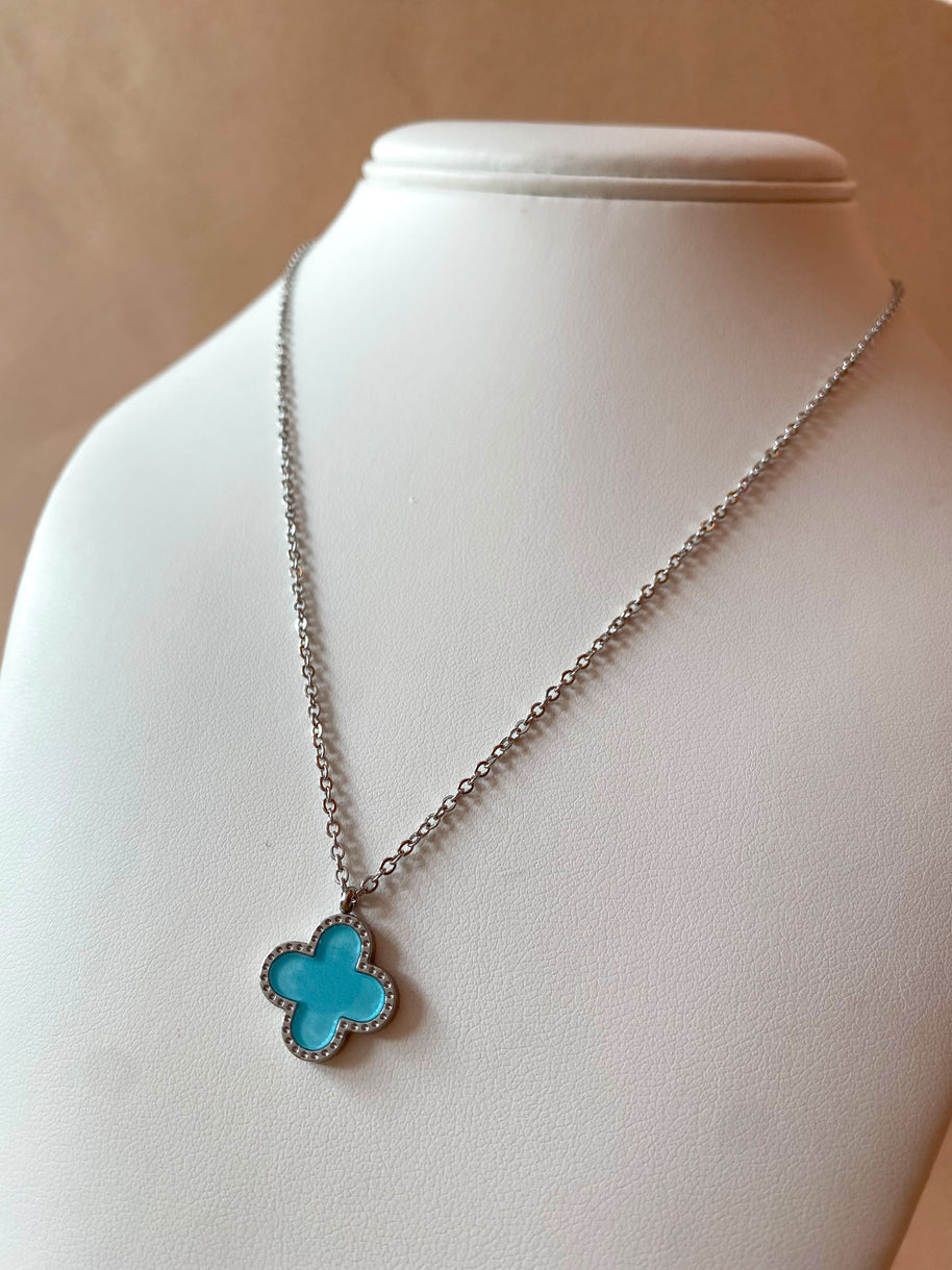 Silver Steel Blue Clover Necklace