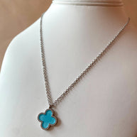 Silver Steel Blue Clover Necklace