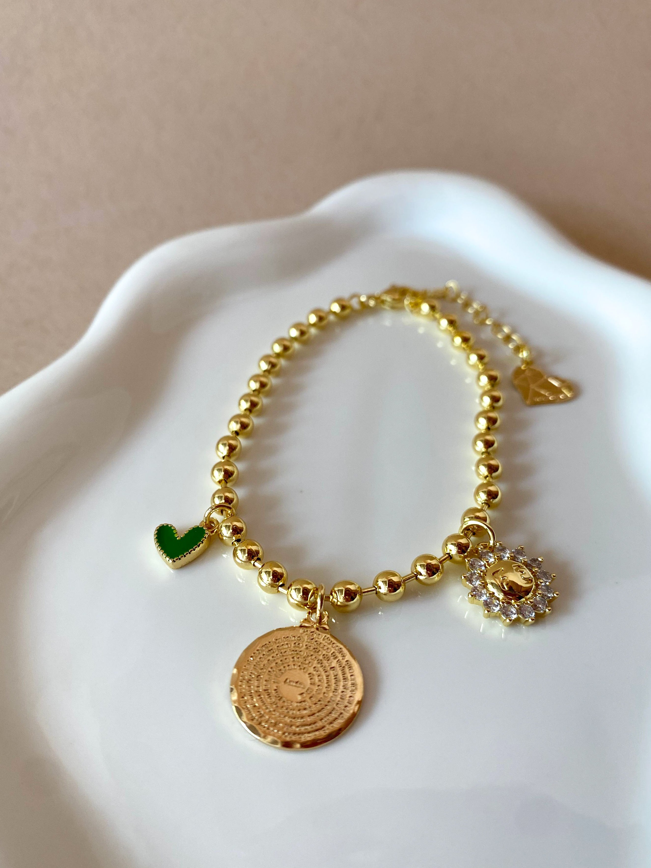 Our Father, Green Heart, Faith Flower Charm Bracelet