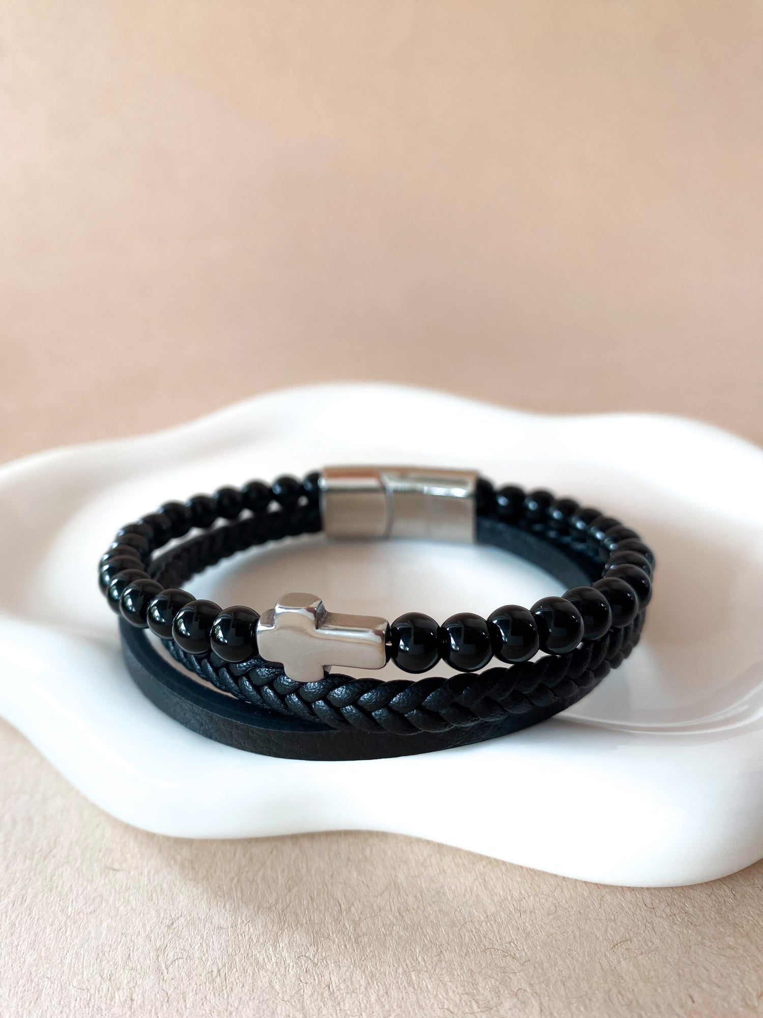 3 Layers Black Leather and Silver Cross Men Steel Bracelet