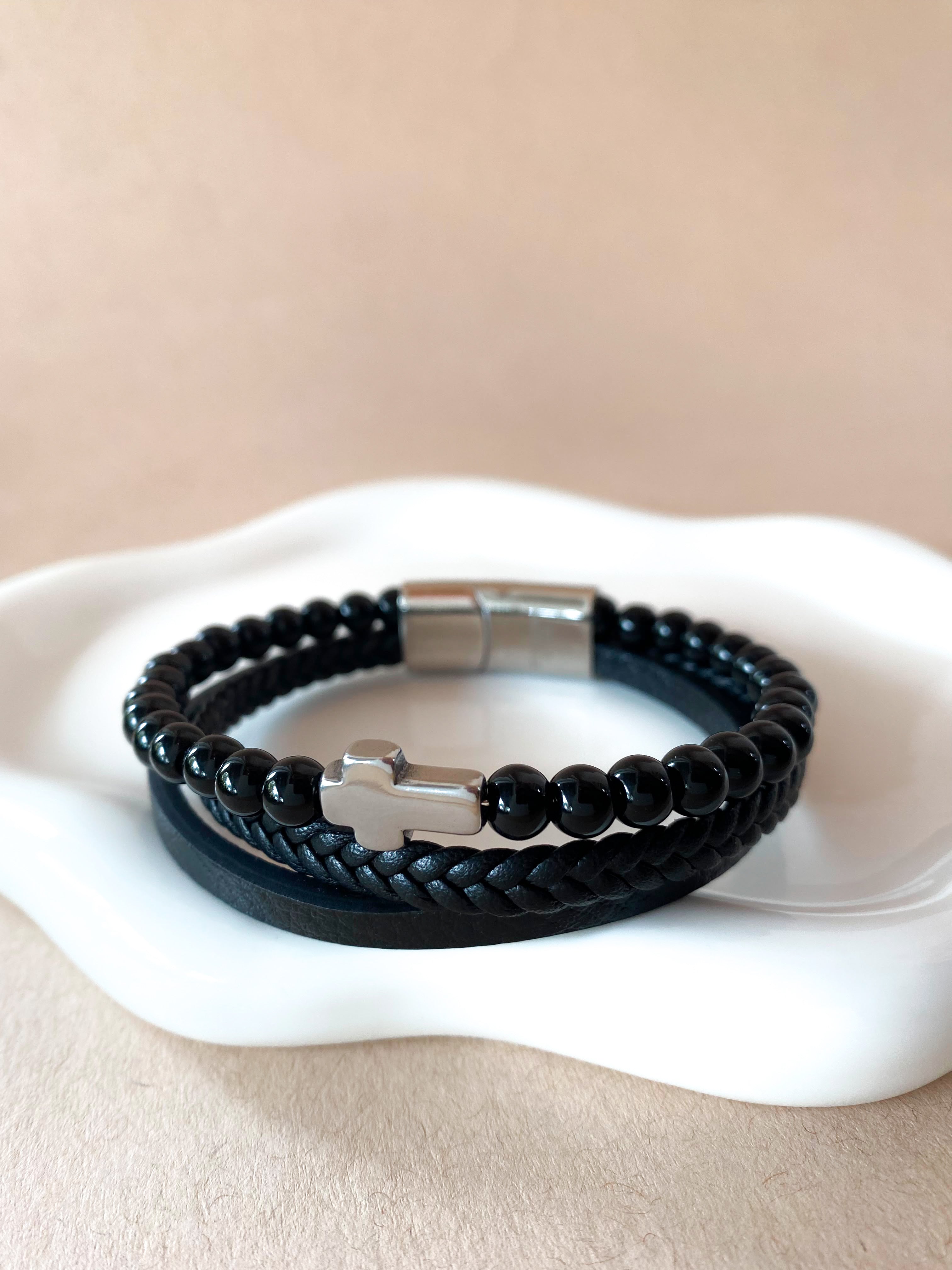 3 Layers Black Leather and Silver Cross Men Steel Bracelet