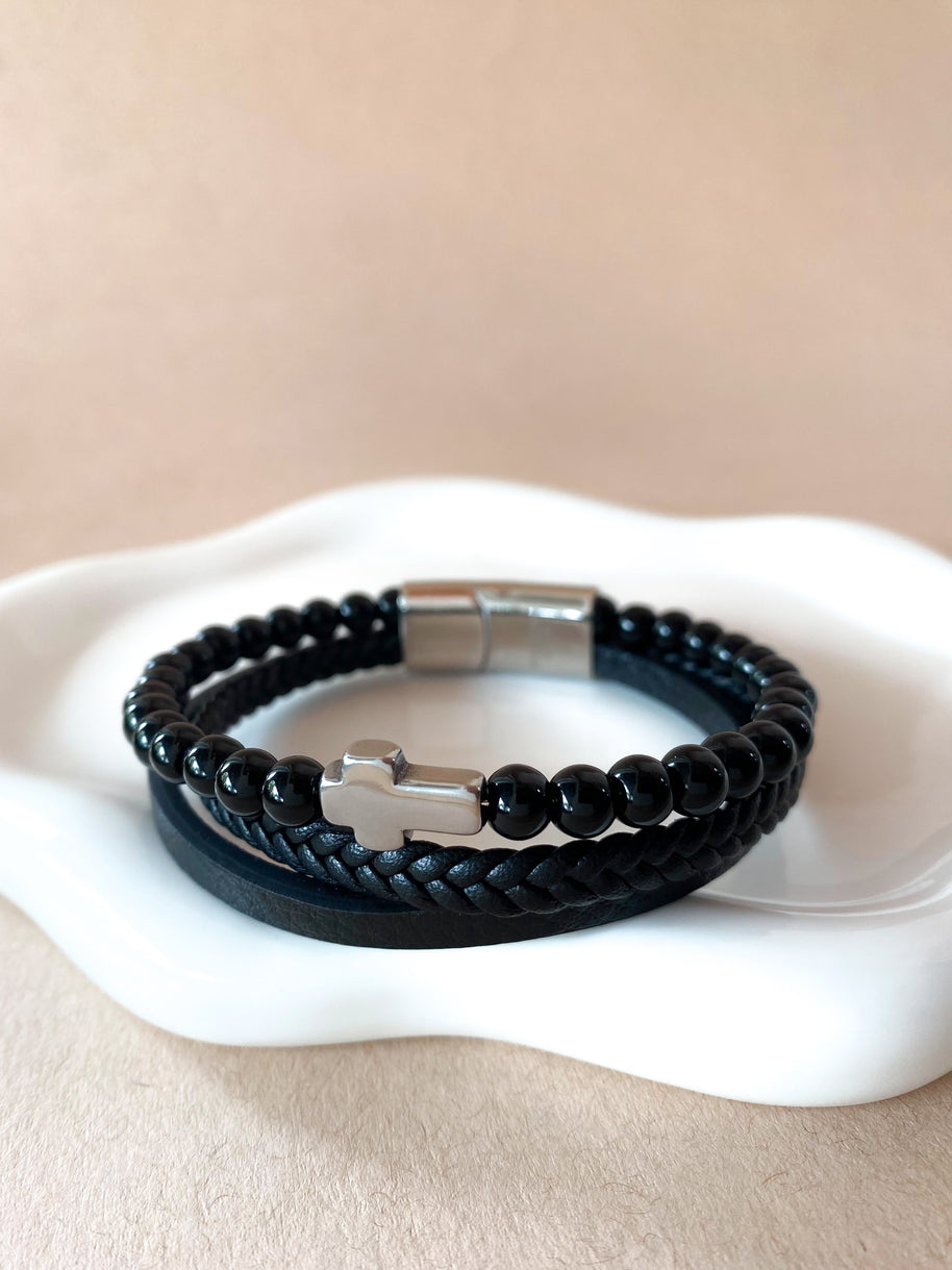 3 Layers Black Leather and Silver Cross Men Steel Bracelet