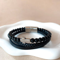 3 Layers Black Leather and Silver Cross Men Steel Bracelet