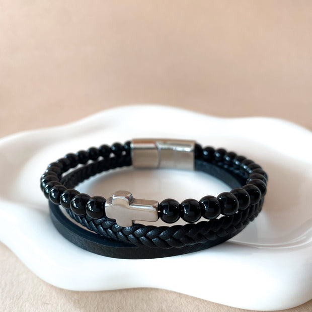 3 Layers Black Leather and Silver Cross Men Steel Bracelet