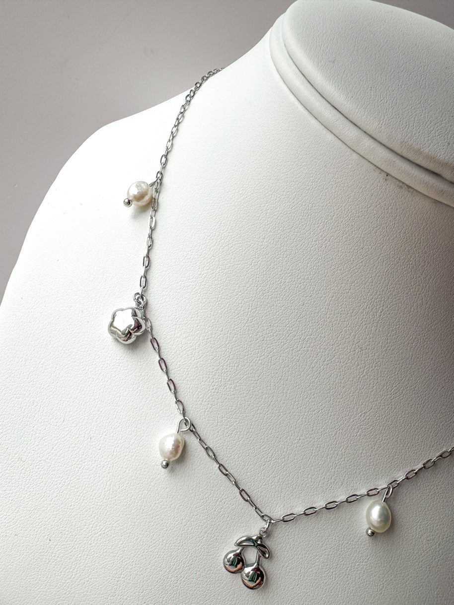 Cherry & Pearls Silver Steel Necklace