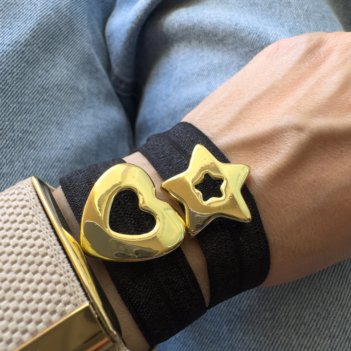 2 Styles of Black Elastic Bracelet with Star or Heart Charms