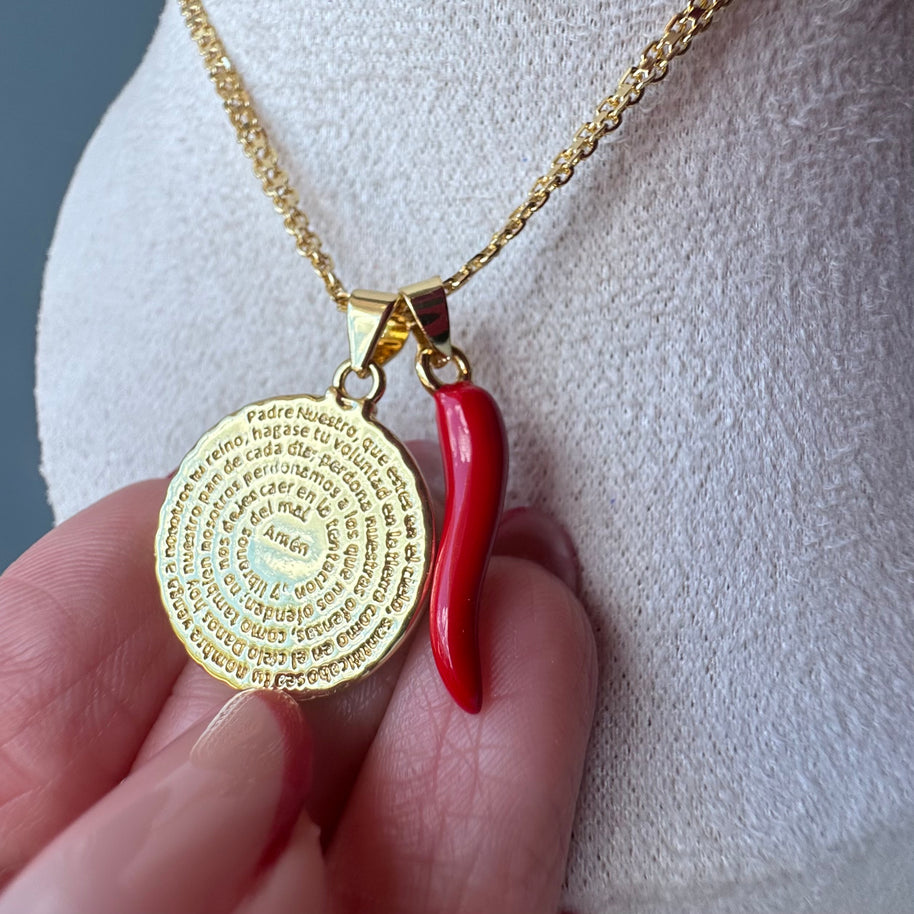 Our Father and Red Horn Chinese Fabric Chain Necklace