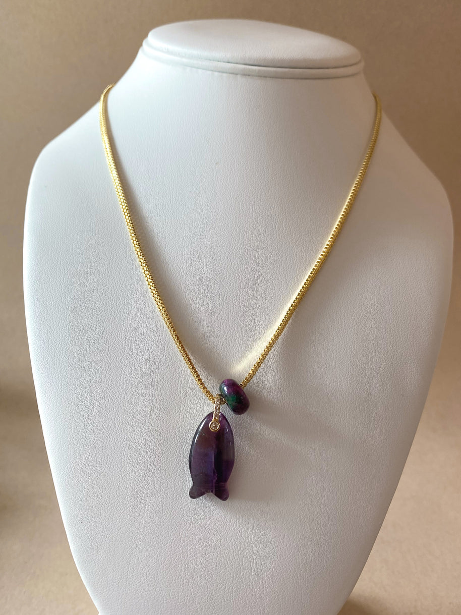Fish Amethyst and Turkish Stone Necklace