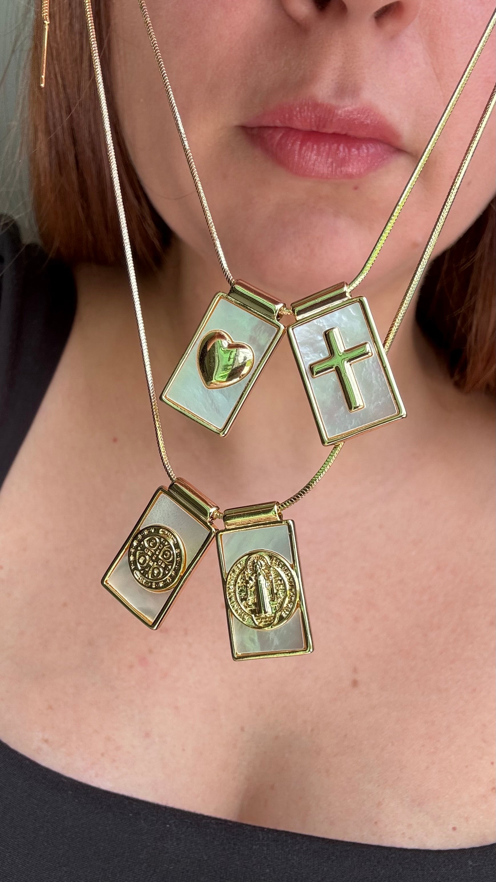 Cross and Heart Mother of Pearl Scapular Adjustable Necklace