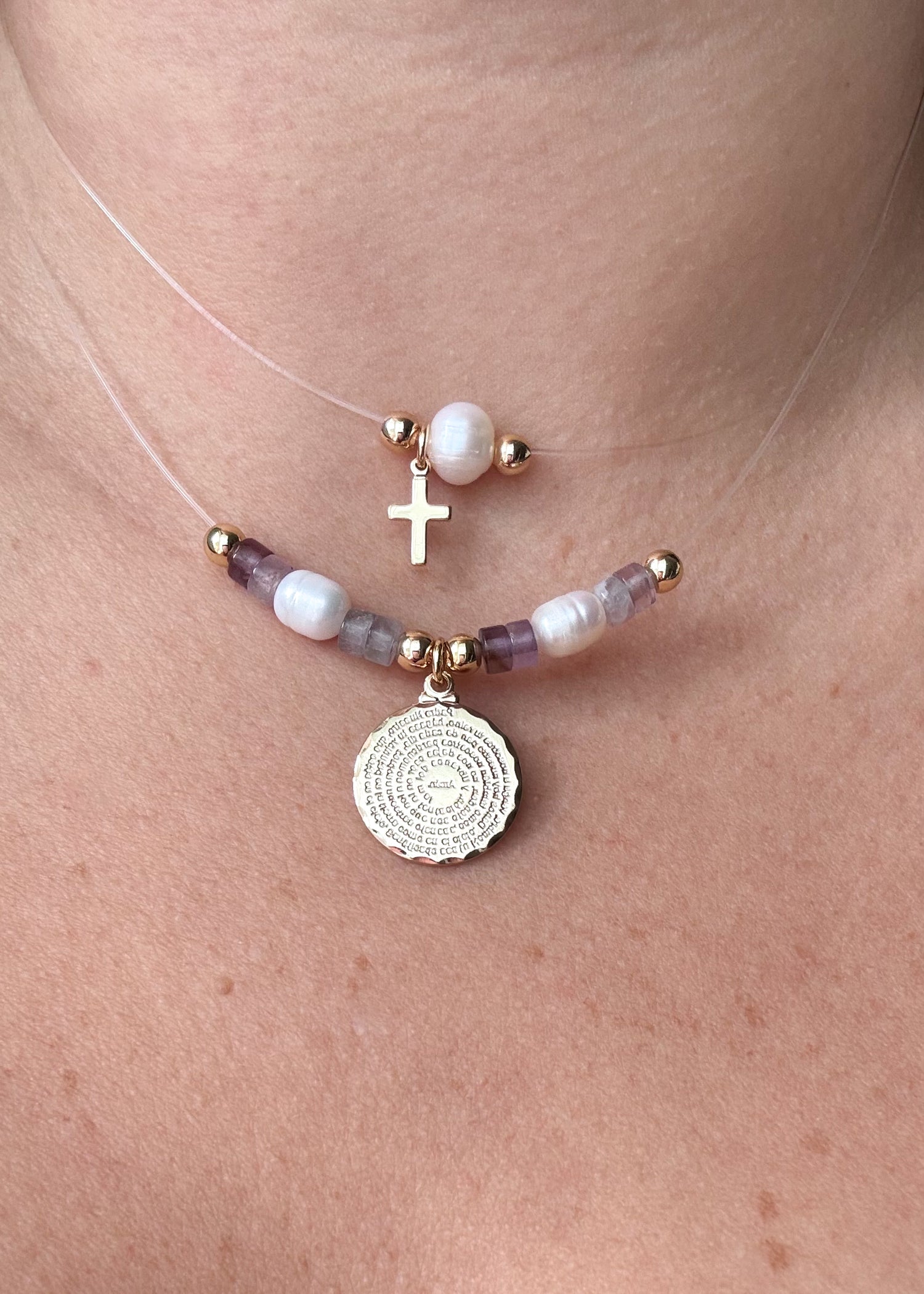 Our Father Pearls and Amethyst Beads Ghost Necklace