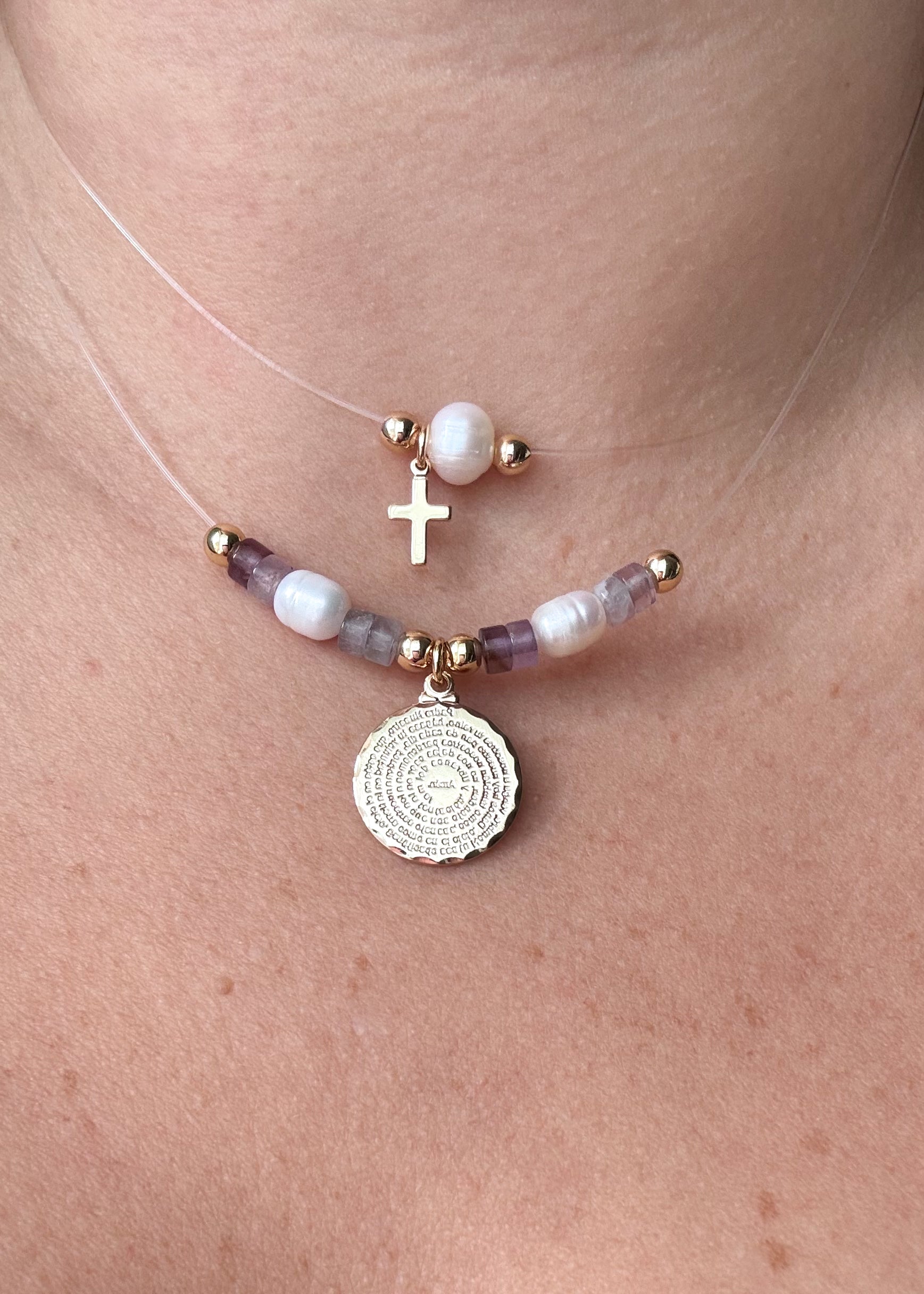 Our Father Pearls and Amethyst Beads Ghost Necklace