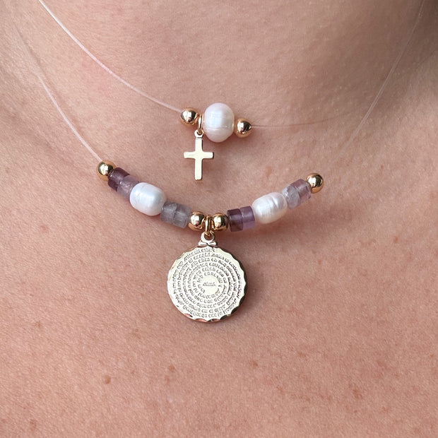 Our Father Pearls and Amethyst Beads Ghost Necklace