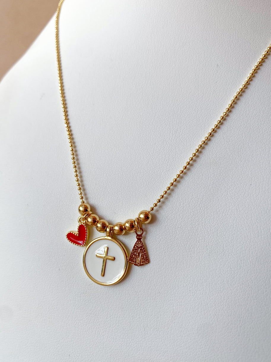 Red Heart, Cross and Virgin of the Valley Adjustable Necklace