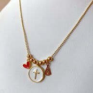 Red Heart, Cross and Virgin of the Valley Adjustable Necklace