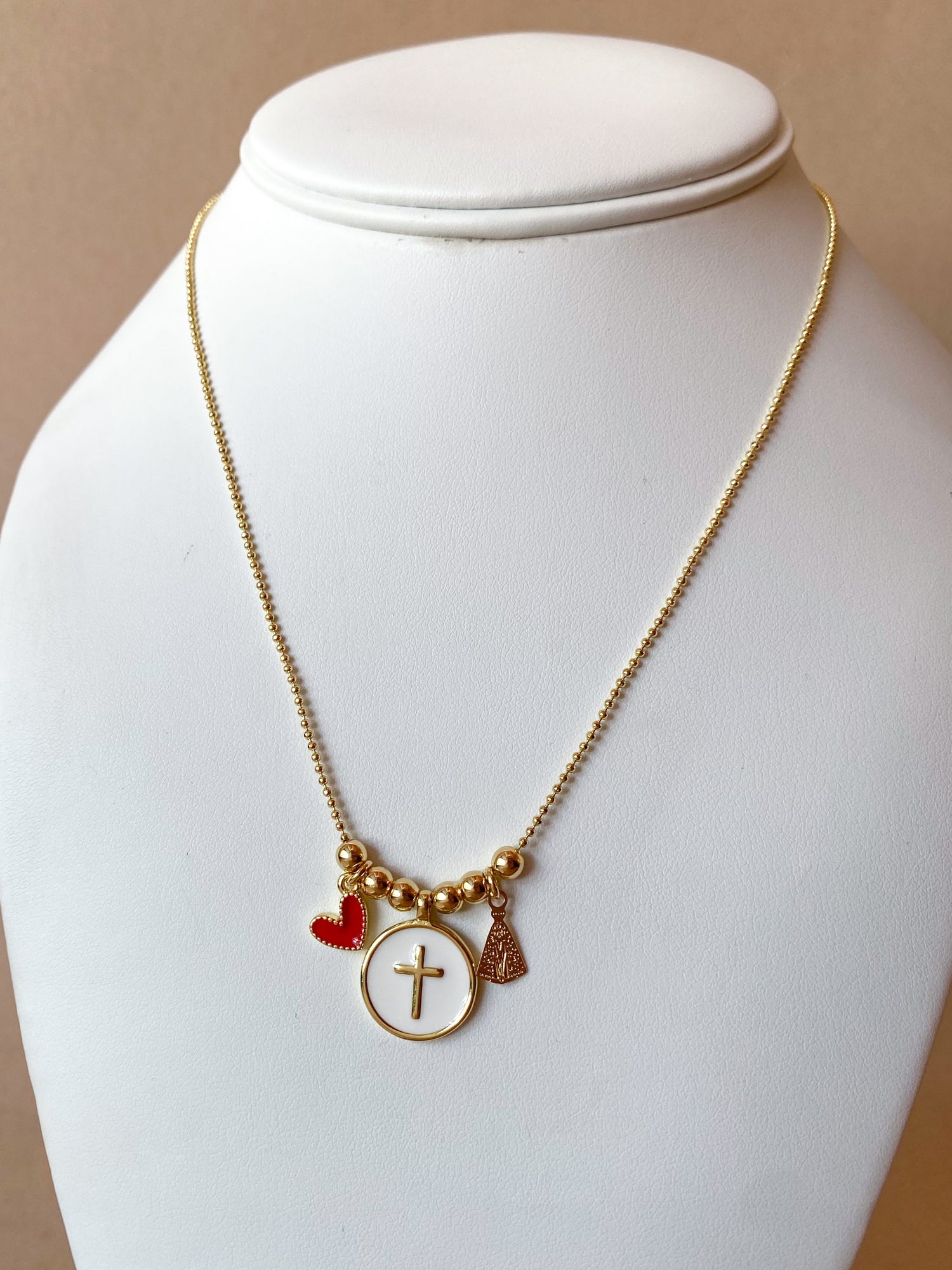 Red Heart, Cross and Virgin of the Valley Adjustable Necklace