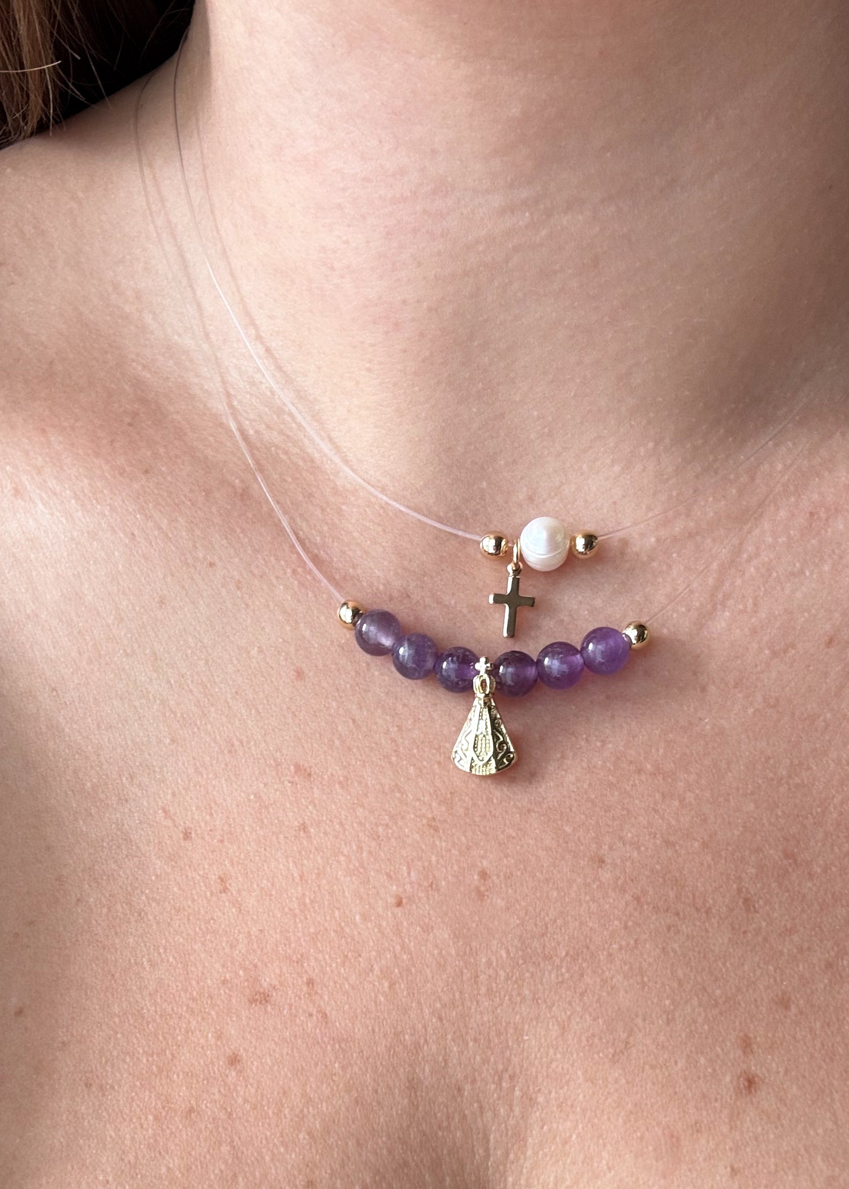 Pearl and Cross, Purple Virgin of the Valley Ghost Necklaces