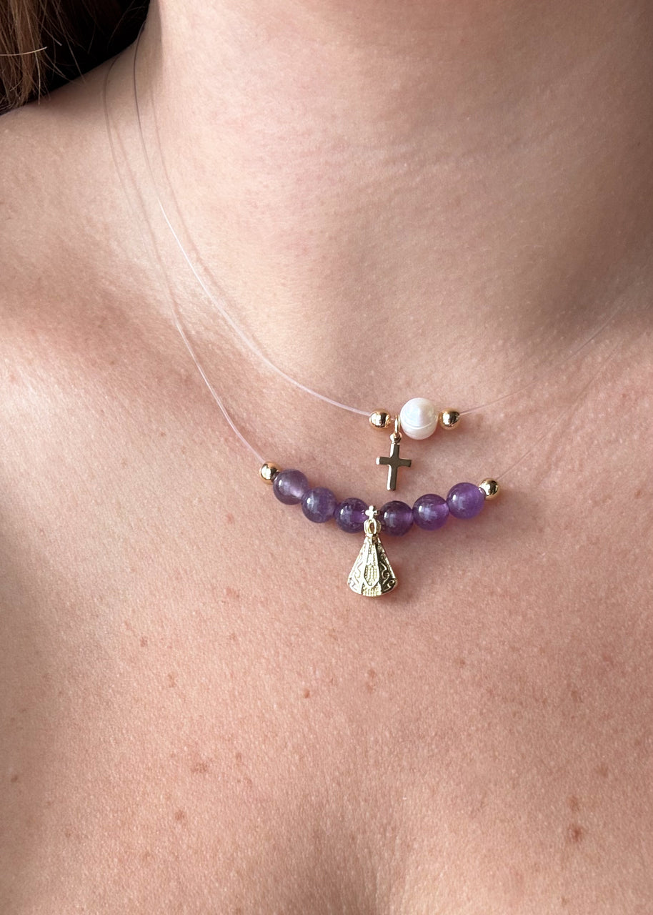 Pearl and Cross, Purple Virgin of the Valley Ghost Necklaces