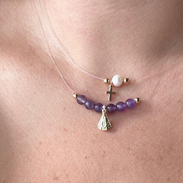 Pearl and Cross, Purple Virgin of the Valley Ghost Necklaces