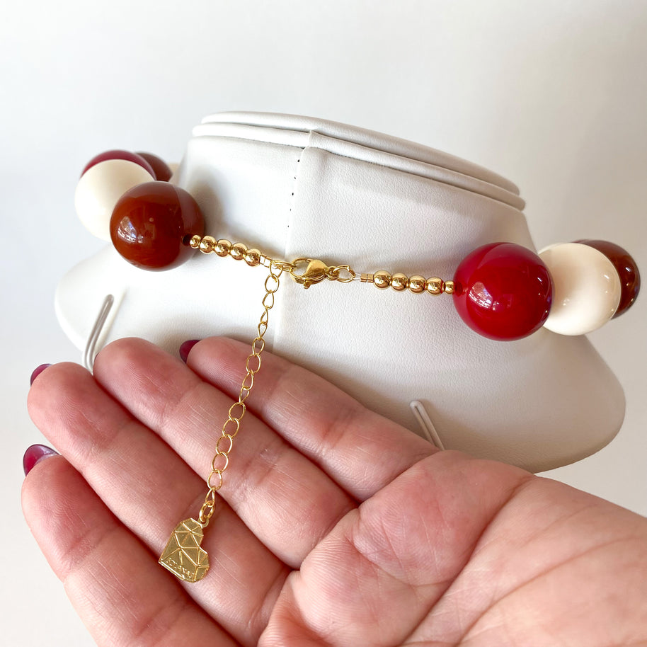 Red Wine, Brown and White Big Acrylic Beads with Golden Heart Necklace