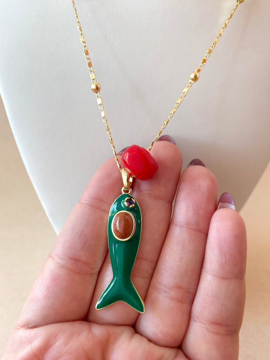 Green Fish and Red Ceramic Turkish Stone Necklace