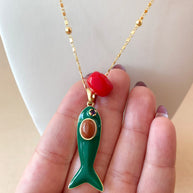 Green Fish and Red Ceramic Turkish Stone Necklace