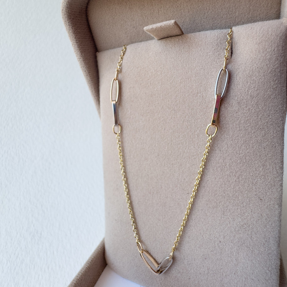 Gold and Silver PaperClip Station Chain 14k Solid Gold Necklace