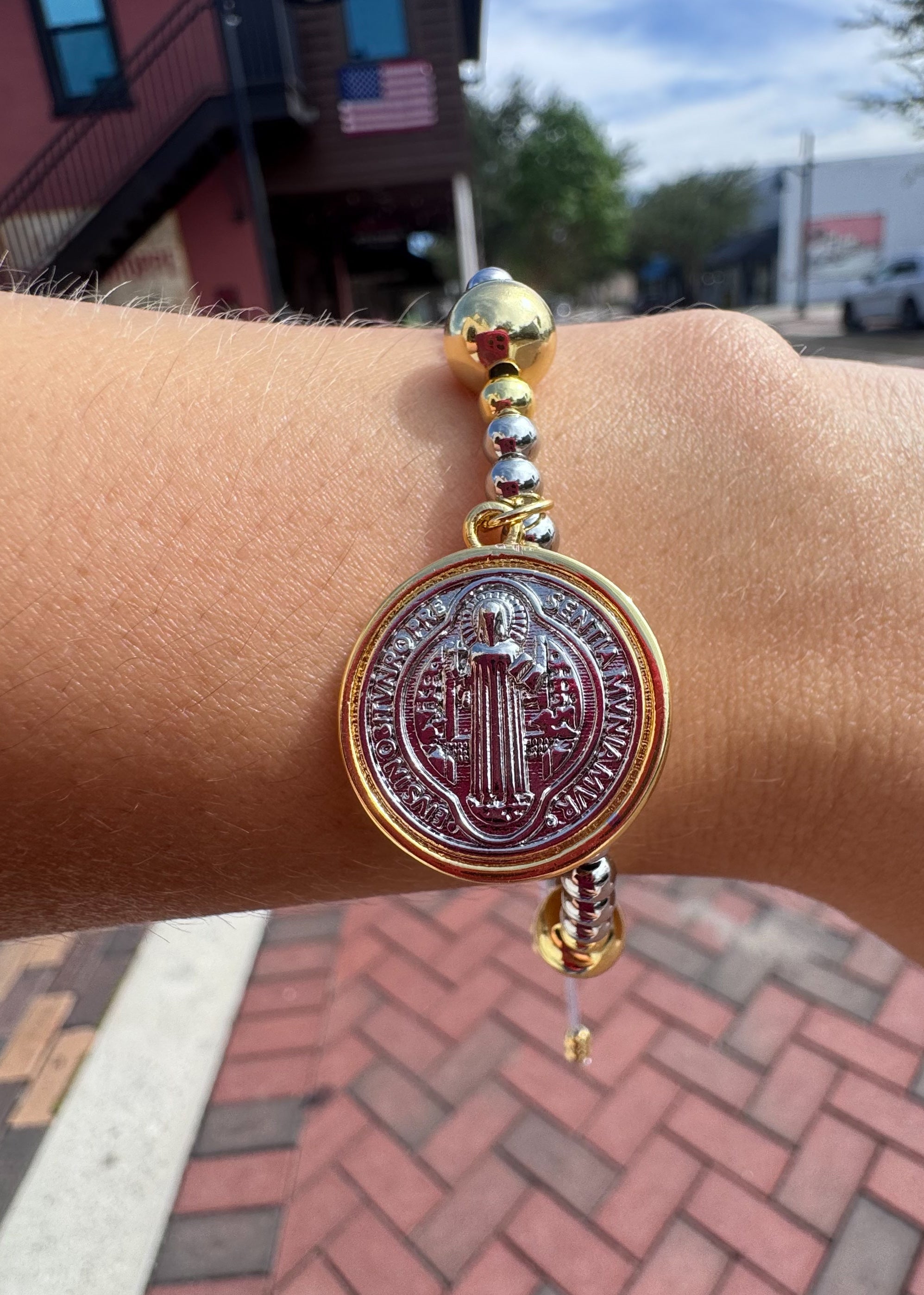 Silver and Gold St Benedict Balls Adjustable Bracelet