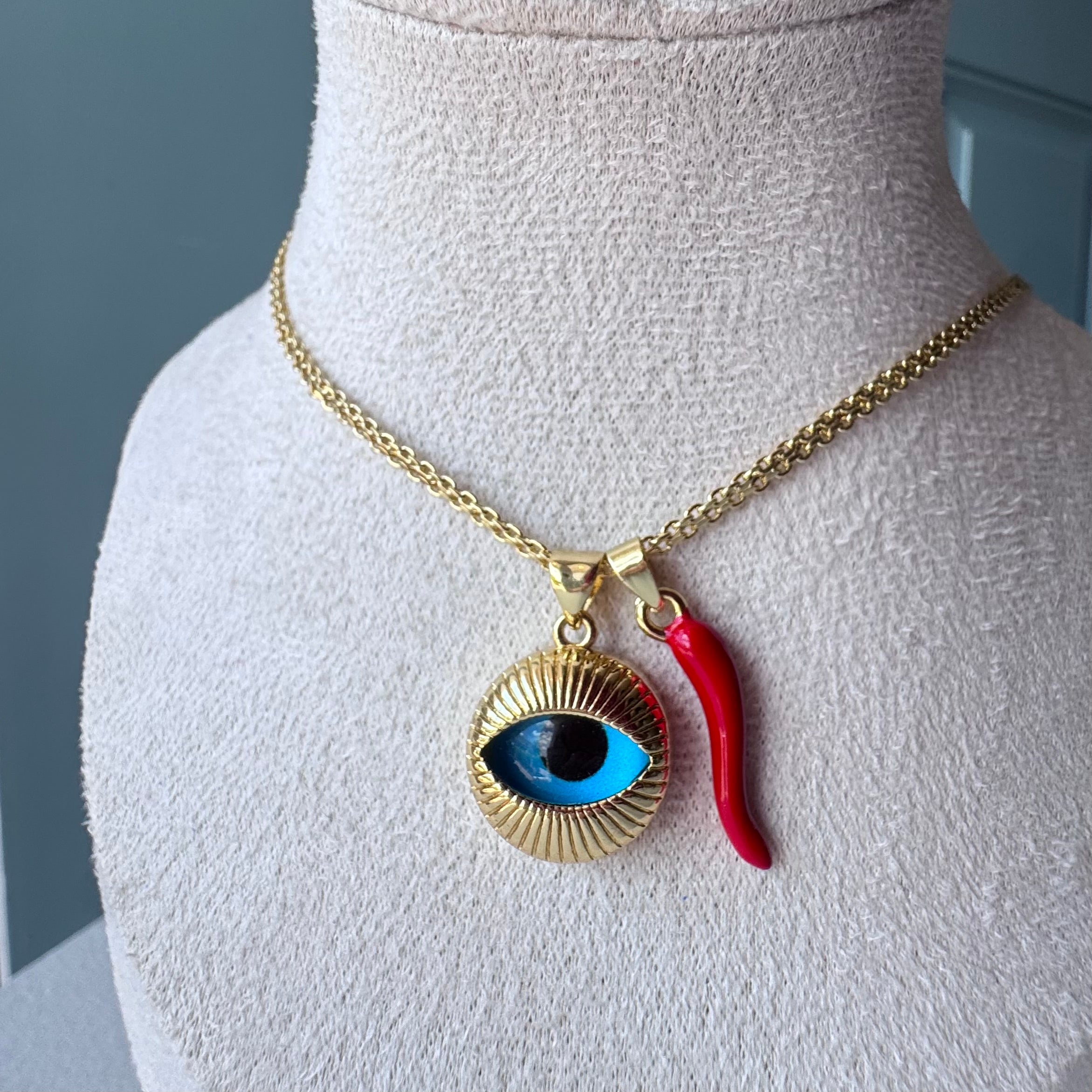 Big Evil Eye Red Horn Chinese Fabric Chain Necklace